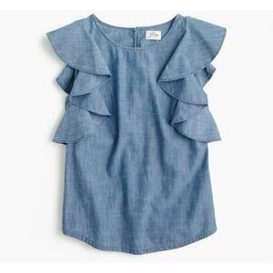 J Crew Top Womens 12P Petite Ruffle Chambray Sleeveless Reyes Wash Blouse NWT